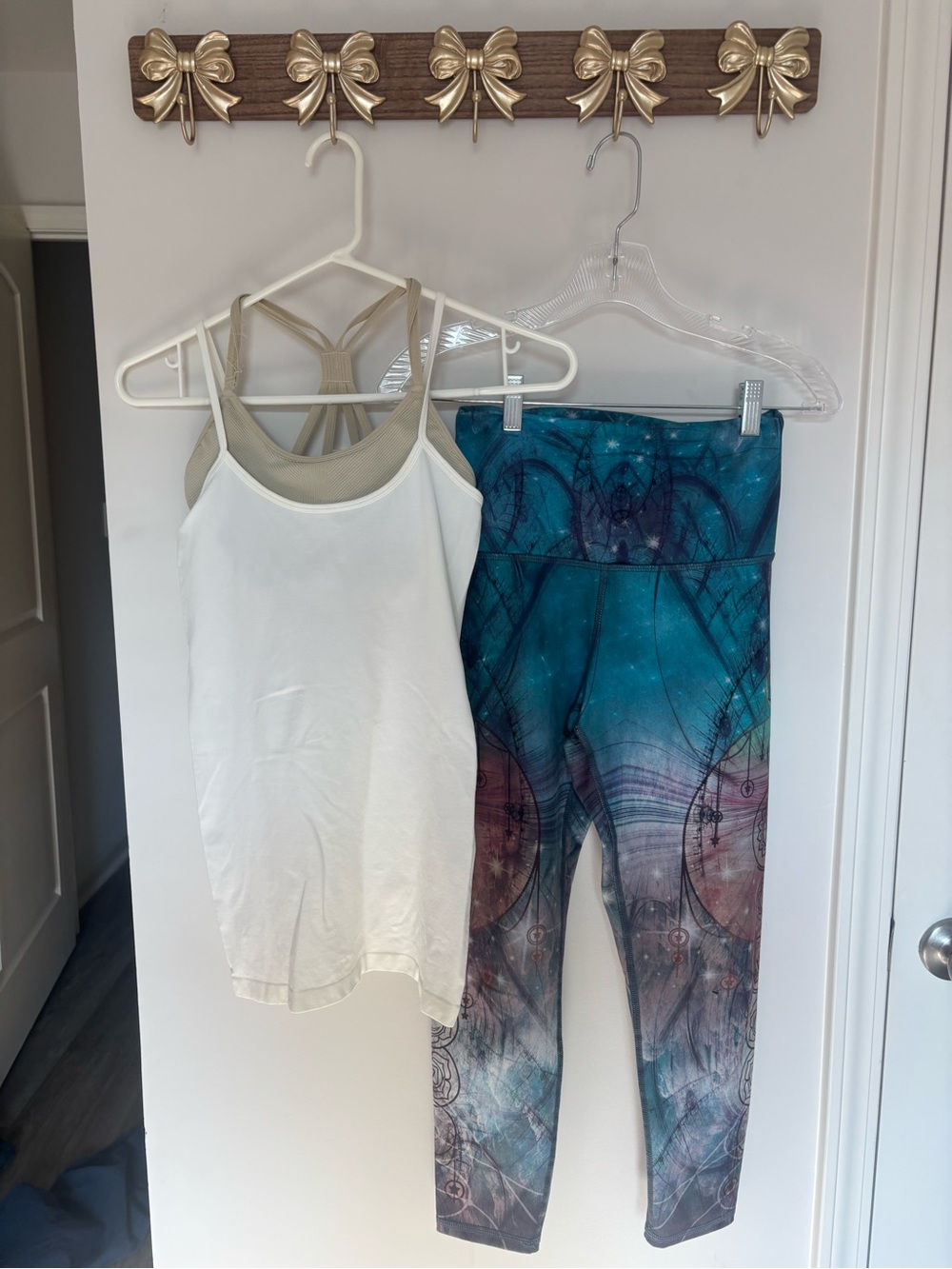 Evolution and Creation Chakra Yoga Leggings with p’tula cream bra and tank set